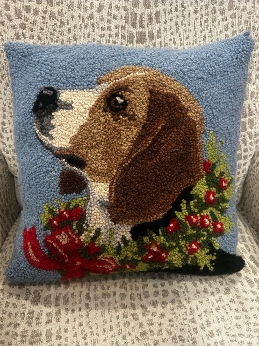 Blue Beagle Hooked Accent Pillow with Festive Wreath